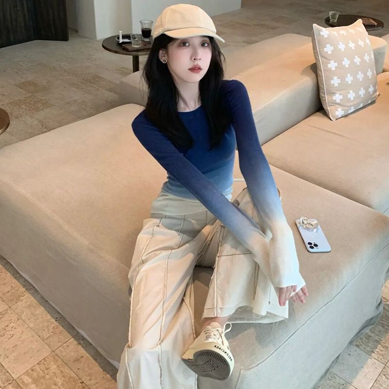 Plus Áo Thun Dài Tay Màu gradient Xanh Thời Trang Mùa Xuân Cho Nữ