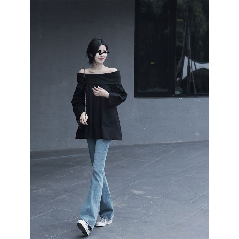 S-xl black shirt loose off-the-shoulder long-sleeved one
