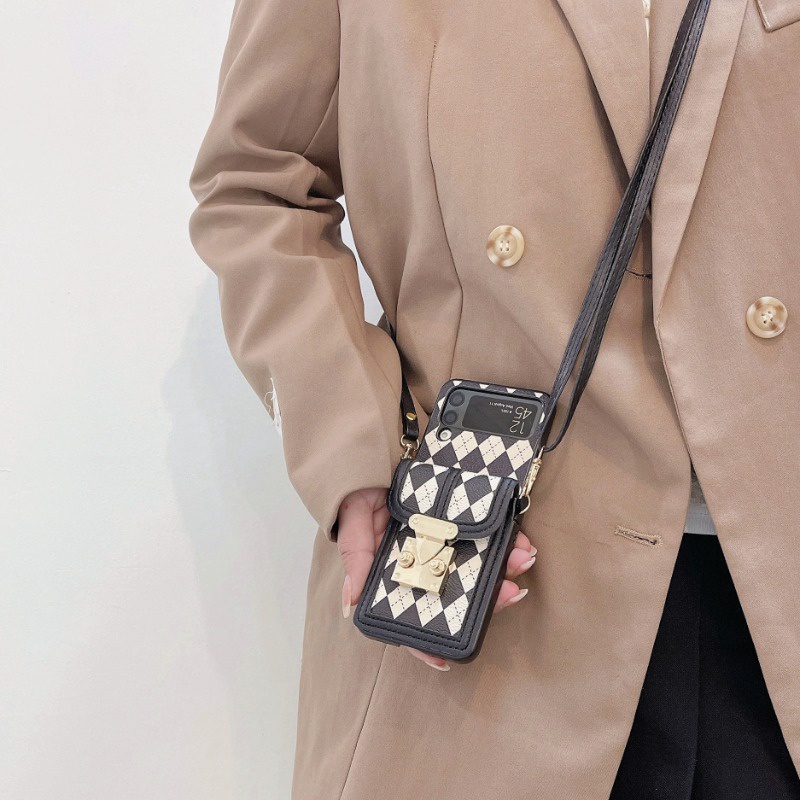 Ốp Điện Thoại Da Nắp Gập Họa Tiết Lưới Có Ngăn Đựng Thẻ Và Dây Đeo Chéo Sang Trọng Cho Samsung Galaxy ZFlip4 Flip3 flip5 5G
