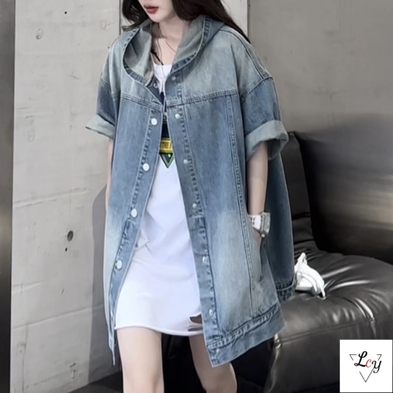 Áo Khoác Denim Không Tay Có Mũ Trùm Dáng Rộng Thời Trang Mùa Hè 23 Cho Cặp Đôi