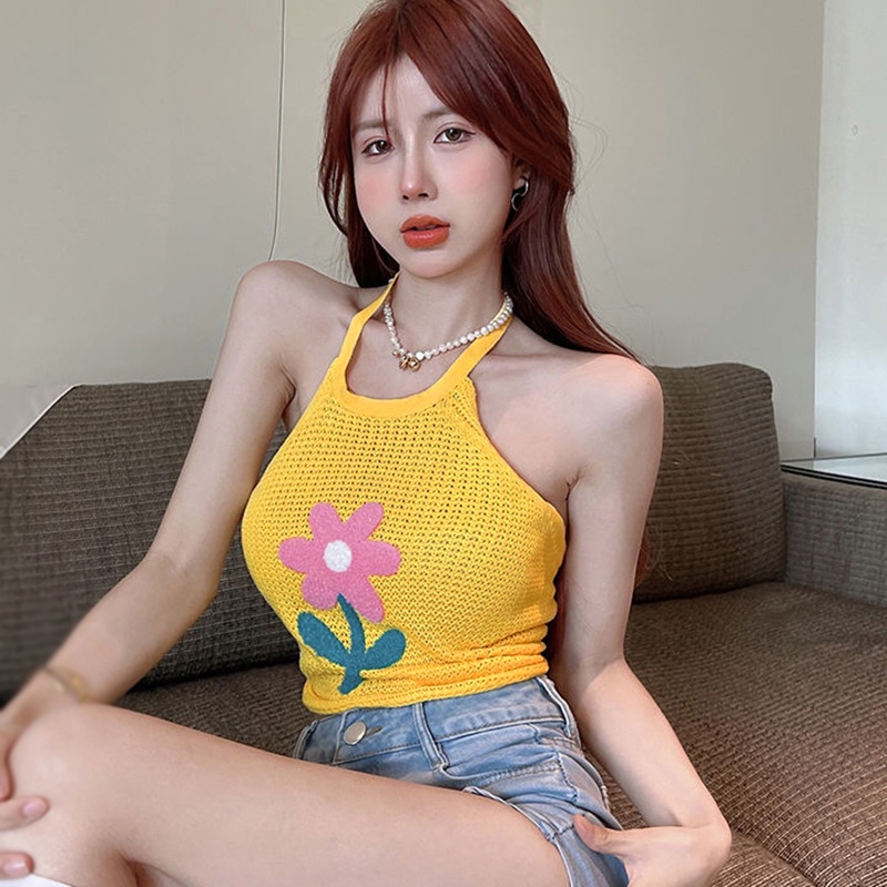 Áo tăng nữ mùa hè dây buộc lưng không dây dệt kim áo tăng không tay