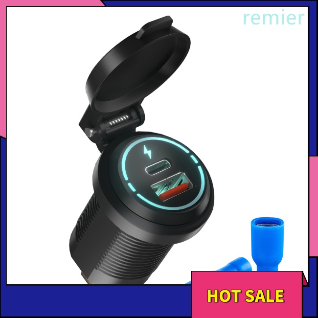 Re car mobile phone charger dual-port fast charging 12-24v usb power supply charger with spring cover for motorcycle