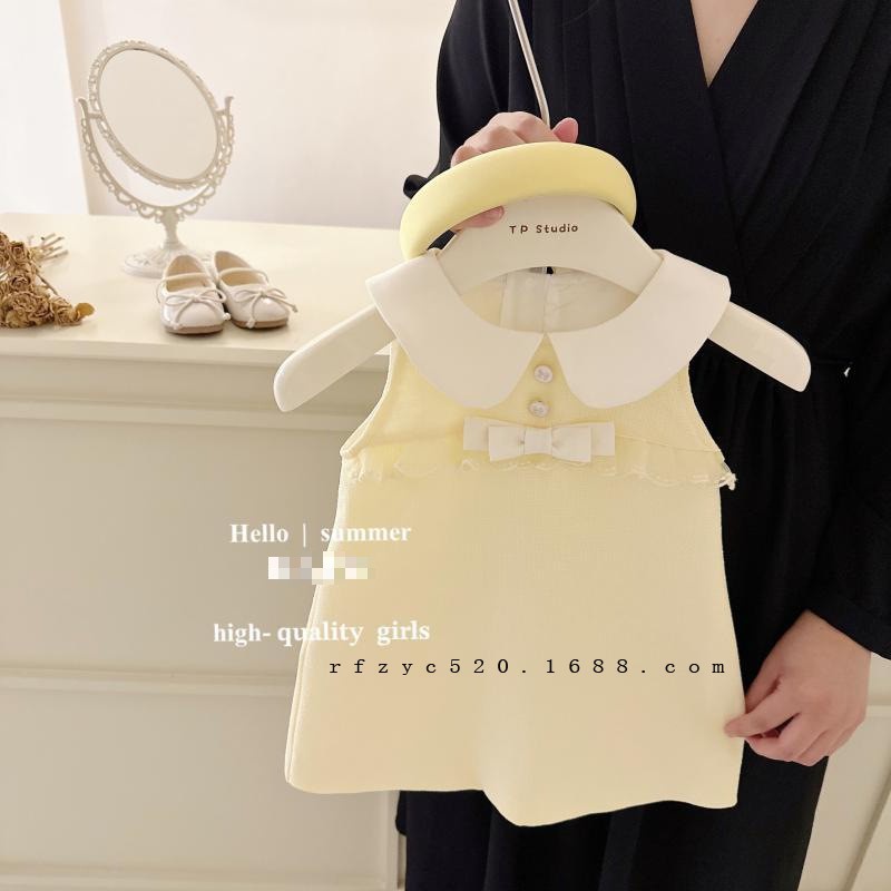 Đầm Không Tay Cổ Búp Bê Màu Vàng Phong Cách Pháp Thời Trang Mùa Hè Hàng Mới Dành Cho Bé Gái A7CQ