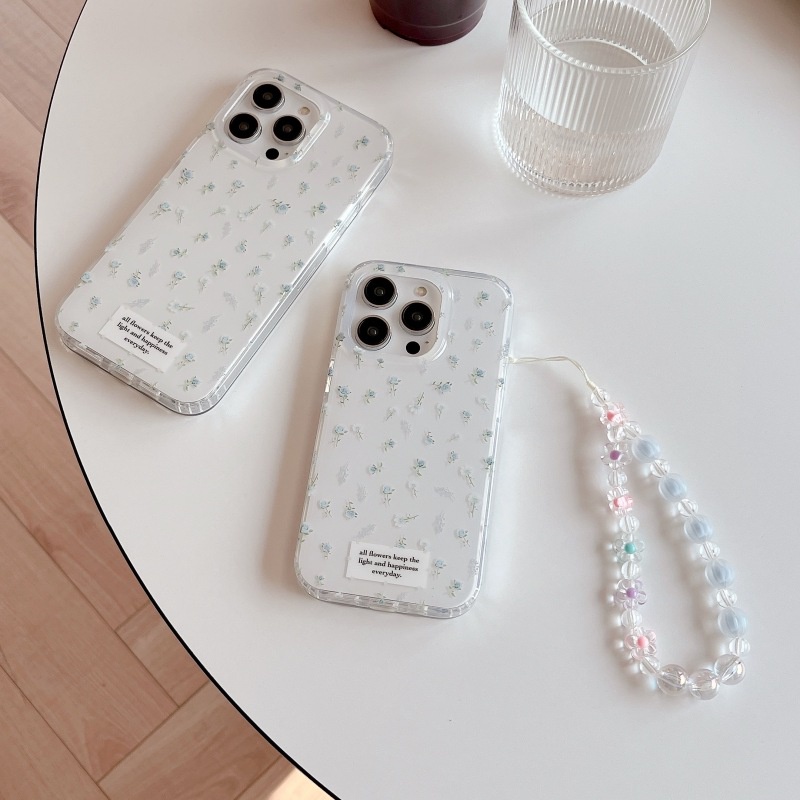 Vỏ cứng tương thích với apple iphone 11 12 12pro 12promax 13 13pro 13promax 14 14pro 14promax blue small flowers pattern cover chain