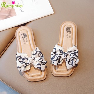 Rumphius dép da đế mềm chống trượt đính nơ xinh xắn cho bé gái size 26-36