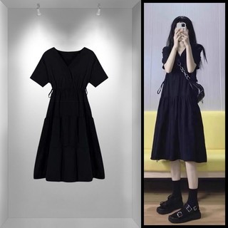 Váy thiết kế mùa hè sense niche bubble sleeve high sense plus size dress lỏng lẻo giảm béo phong cách pháp mặc bên ngoài flab ẩn