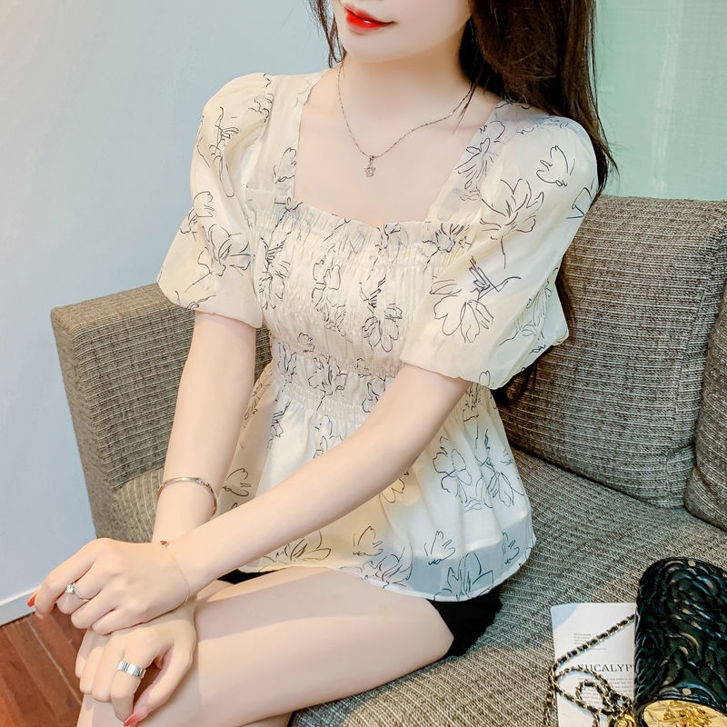 Áo sơ mi nữ hoa cổ vuông kiểu pháp mùa hè với tay áo bong bóng tay ngắn và thời trang eo thon