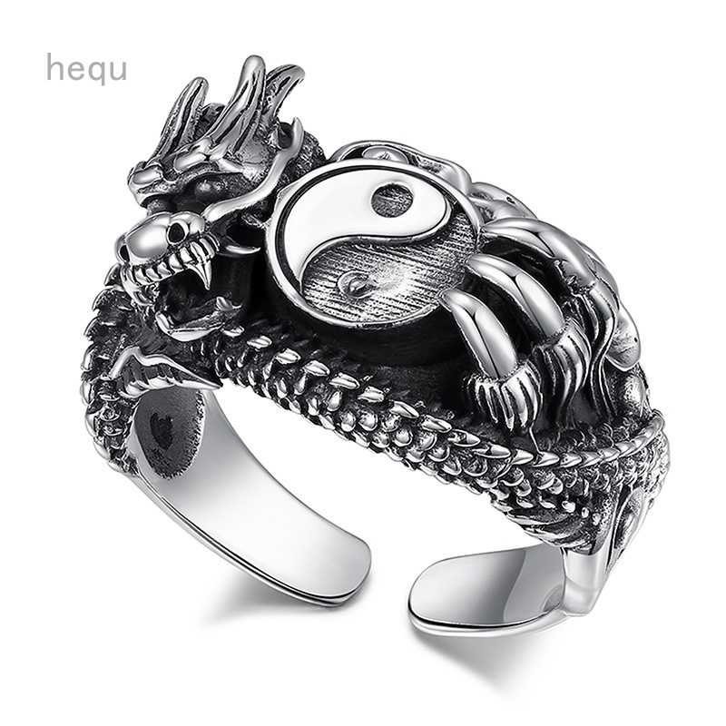 Hq nhẫn nam bạc thái cổ bát quái thái tai chi dragon open ring