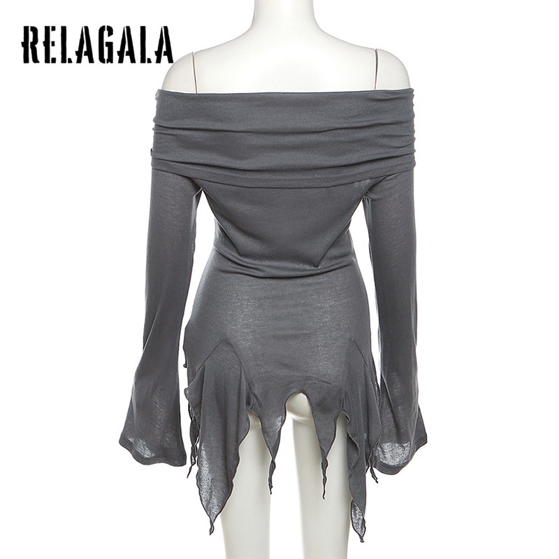 Relagala women's 2023 new solid color slim street fashion off shoulder halter t-shirt dài tay