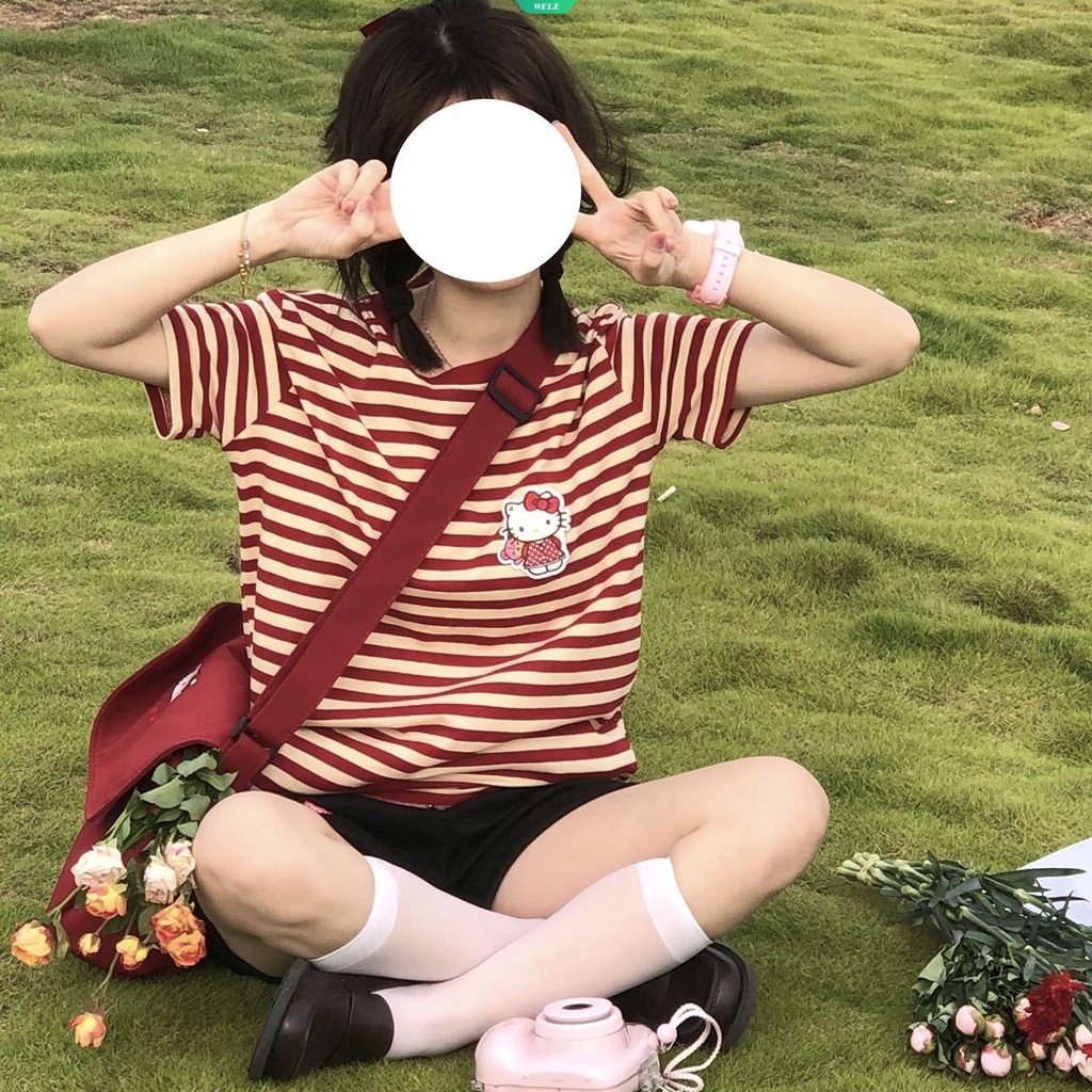 2023 summer new japanese soft girl dễ thương hello kitty harajuku wind striped short-sleeved t-shirt nữ sinh ngọt ngào áo sơ mi nữ dopamine lỏng lẻo