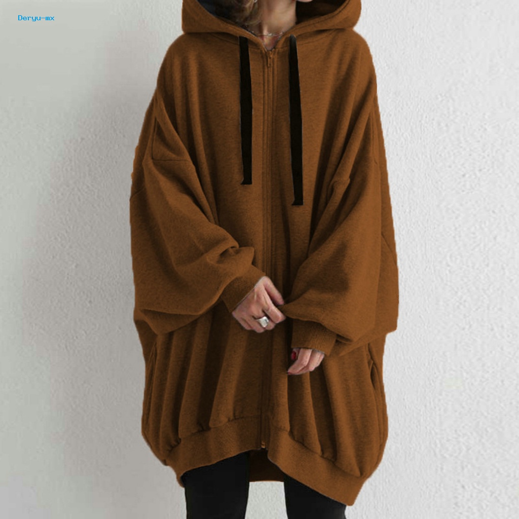 Deryu.mx phụ nữ có mũ trùm đầu áo khoác mid-length outwear của phụ nữ mùa thu có mũ trùm đầu dây rút áo khoác áo khoác có dây kéo phong cách placket mid-length hoodie outwear có túi cho giản dị
