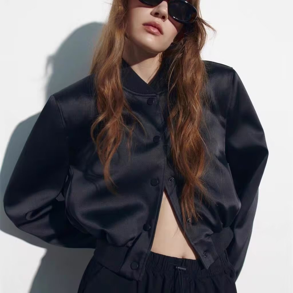 Zara autumn new stand neck silk satin textured short pilot jacket coat 4432771