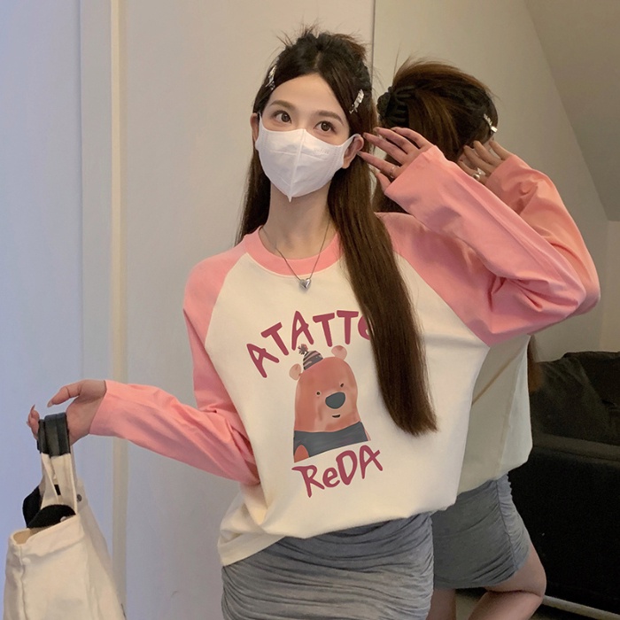 100% cotton 2023 hàn quốc thu đông mới vai in ghép nối dài tay t-shirt nữ hàng đầu