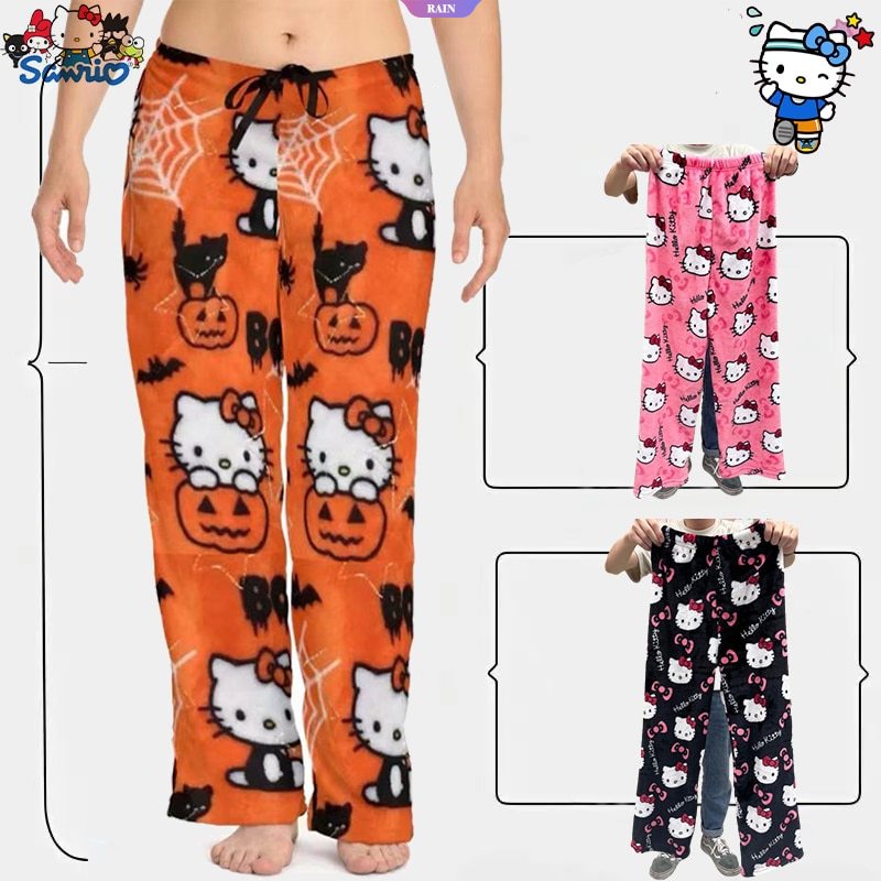 Sanrio hello kitty flannel pyjamas pants kawaii 5 màu của phụ nữ dày dặn ấm áp phim hoạt hình quần mặc nhà thường ngày trong thời trang thu đông quần halloween [rain]