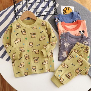 Bộ đồ ngủ vải cotton in hoạt hình gấu giữ ấm thời trang thu đông cho bé