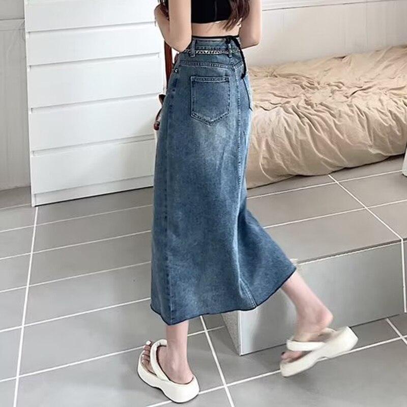 Qooth Nữ S-5XL Kích Thước Khe Bút Chì Váy Denim Thanh Lịch Lưng Co Giãn Oversize Bất Đối Xứng Váy Chữ A Cho Xuân Hè QT2204