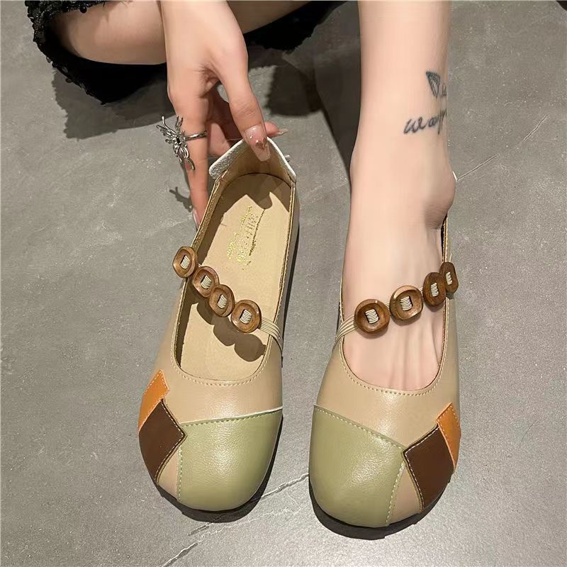 Da thật đế mềm phong cách mới giày đế gân bò mẹ giày da mùa xuân thu giày da phong cách dân tộc giày nữ thoải mái phẳng retro giày đơn