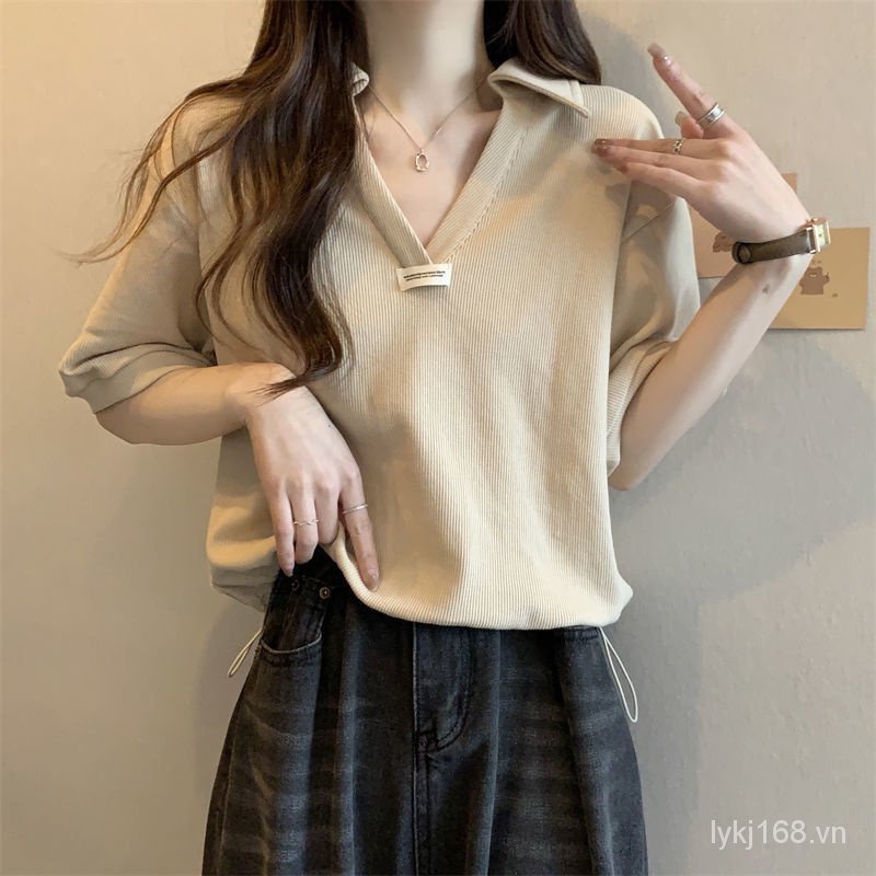 V-neck loose short sleeve women t-shirt over size ahxf