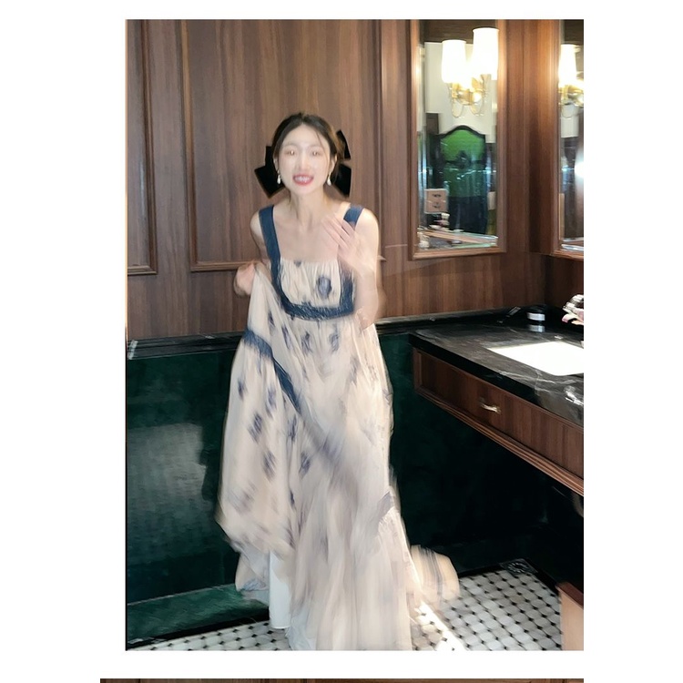 Emily Fashion Shop Blue Sling Dry Rose Floral Dress Women Summer New Style Design Niche Retro Super Fairy Long Skirt