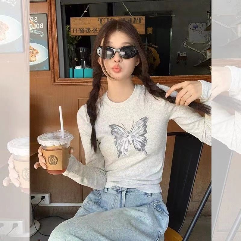 Áo Thun Tay Dài Màu Xám In Hình Bướm Thời Trang Xuân Thu Cho Nữ