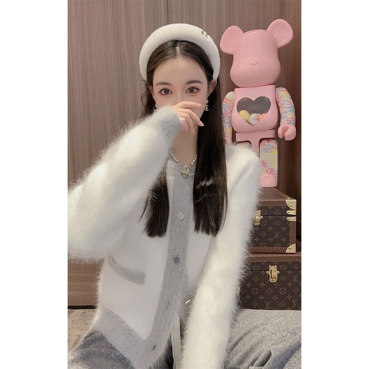 Áo Khoác cardigan Dệt Kim Vải Lông Cừu Màu Hồng Phong Cách Pháp Thời Trang Thu Đông Mới Cho Nữ