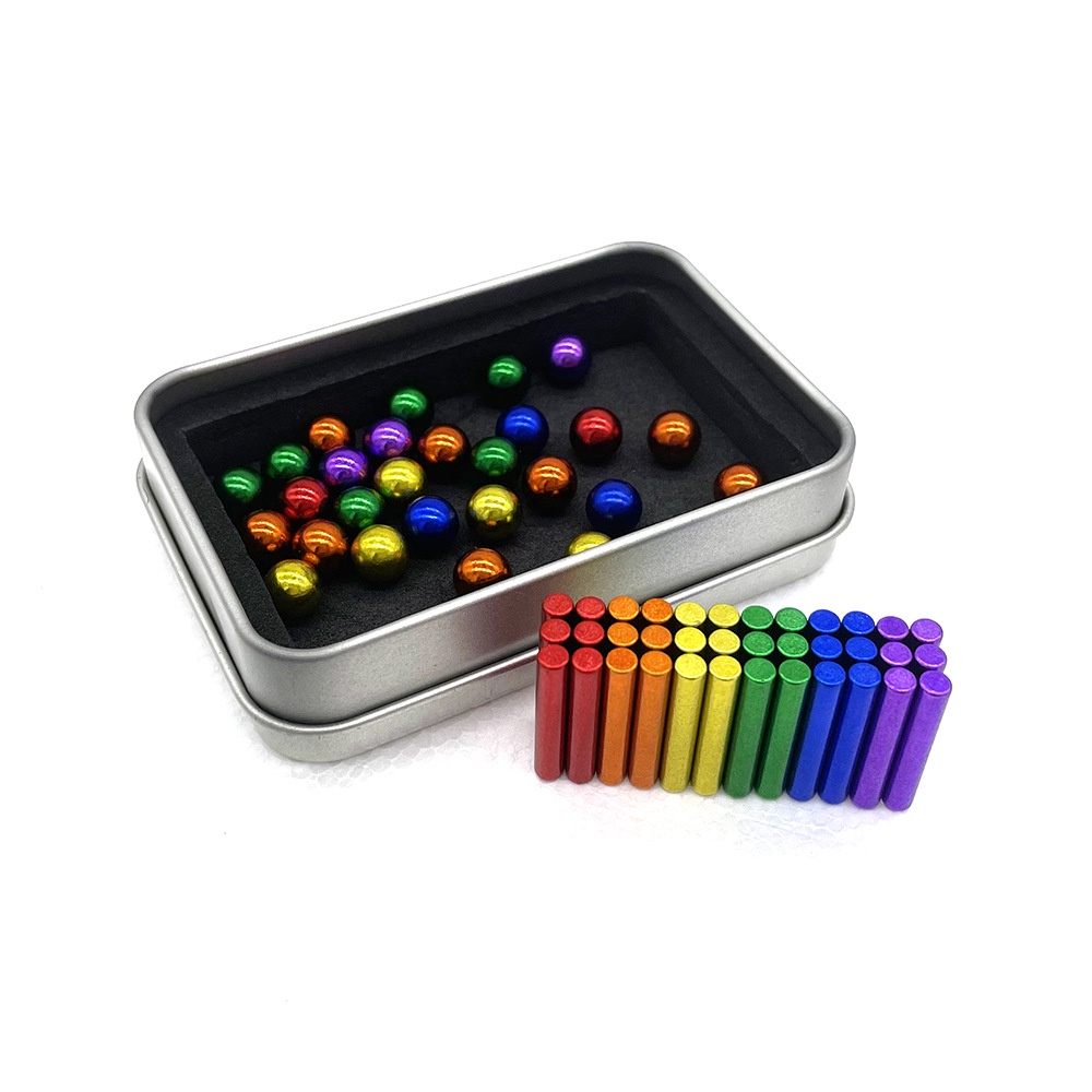 Bộ 36 Que Nam Châm Bạc Kèm Hộp Sắt 27 Viên Bi Nhiều Màu Sắc