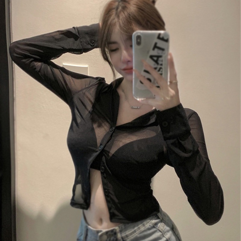 Áo Sơ Mi Màu Đen Chống Nắng Lưng Cao Dáng Ôm Trẻ Trung Quyến Rũ Dành Cho Nữ