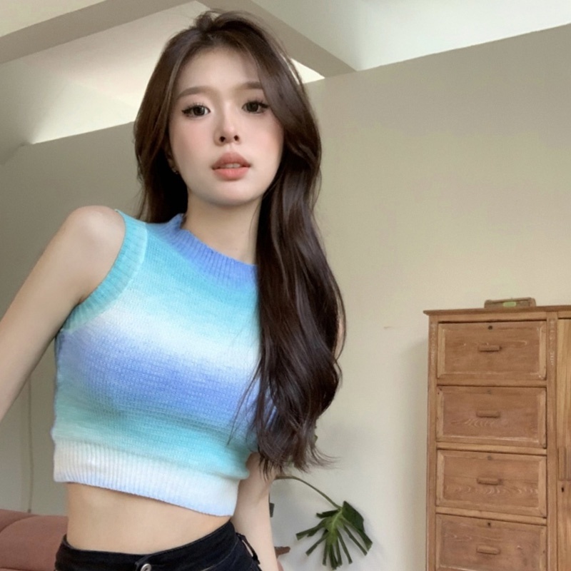 Áo Tank Top Dệt Kim Sát Nách Cổ Tròn Thiết Kế Quyến Rũ Cho Phái Nữ