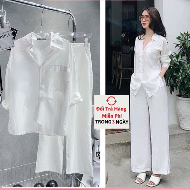 Set áo sơ mi quần ống rộng bộ đũi trắng MIX đồ đi chơi cực sang chất vải đũi mặc vừa nhẹ vừa mát-VASING DD