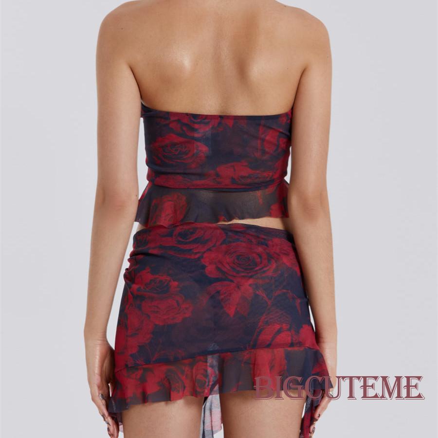 Bộ Trang Phục 2 Mảnh Gồm Áo Trễ Vai Không Tay + Chân Váy Ngắn In Hoa Thời Trang Cho Nữ