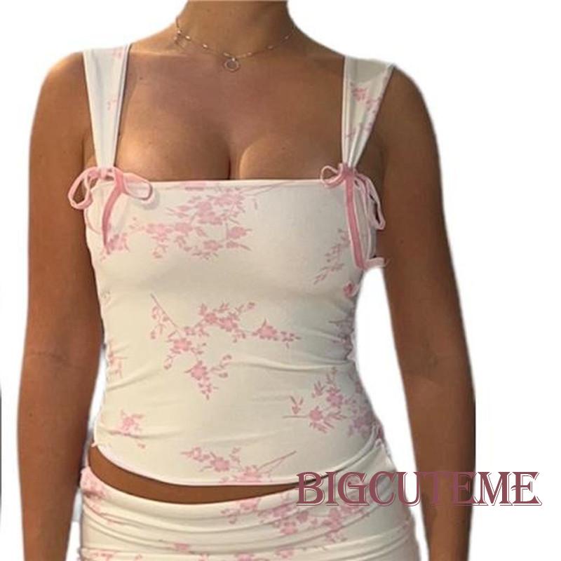 [] - Áo Tank Top Thắt Nơ Dễ Thương Mỏng Vừa Vặn Phong Cách Retro Đường Phố Hàn Quốc Y2k