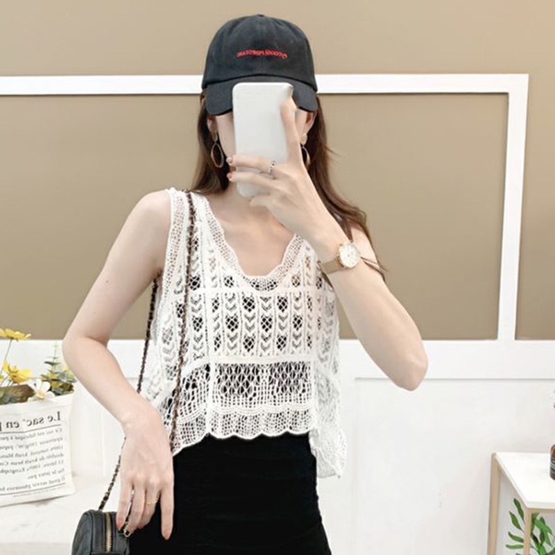 IELGY Áo Kiểu Ngắn Không Tay Cổ Chữ v Họa Tiết Hoa Khoét Lỗ Thời Trang Cho Nữ