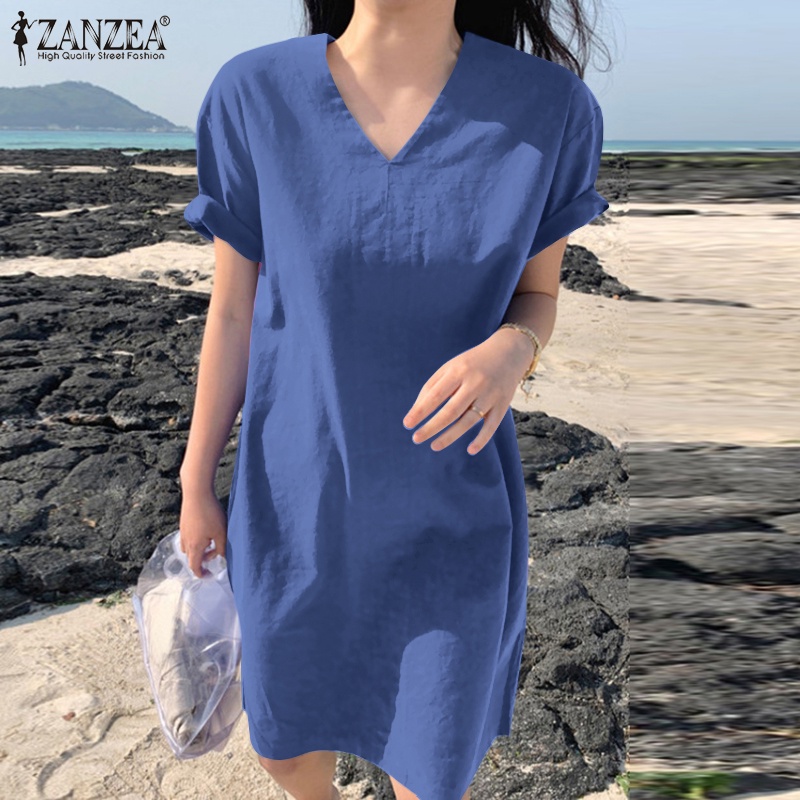 Zanzea Đầm Nữ Ngắn Tay Cổ Chữ V Form Rộng Thời Trang Hàn