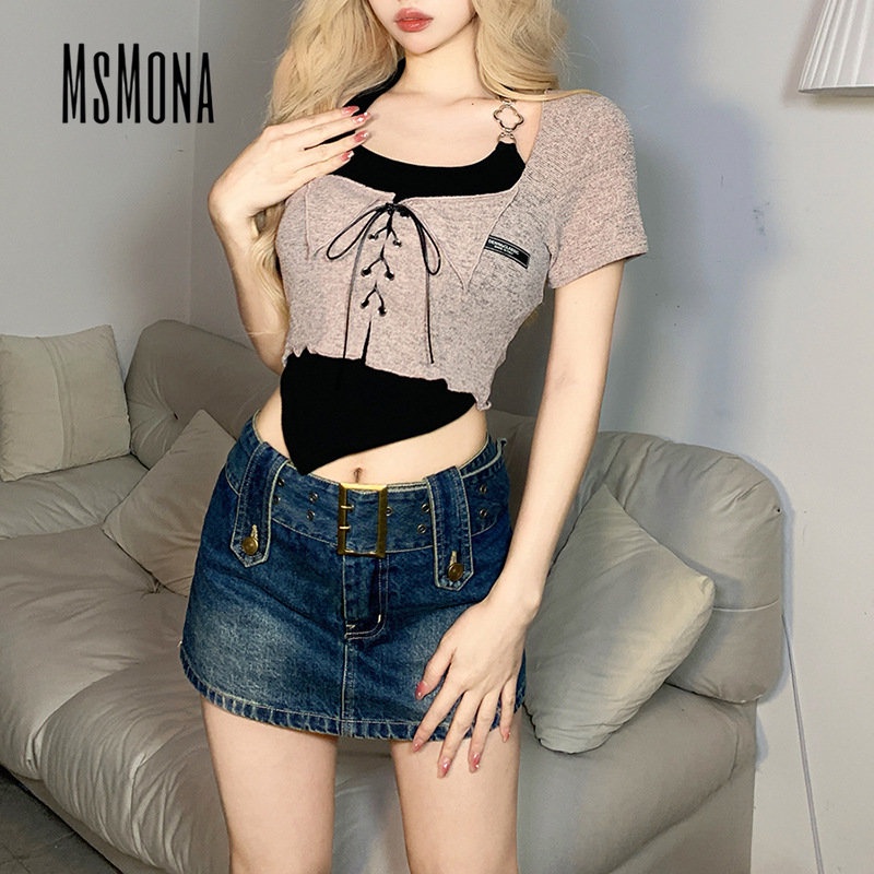 Áo Thun Tay Ngắn Dáng Ôm Phối Màu Tương Phản Thời Trang 2023 Cho Nữ