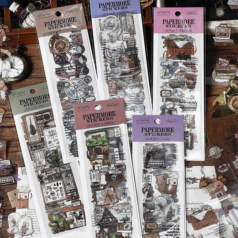 Bộ 6 Tờ Sticker Giấy Dán Trang Trí Sổ Tay Chống Nước Kiểu Vintage