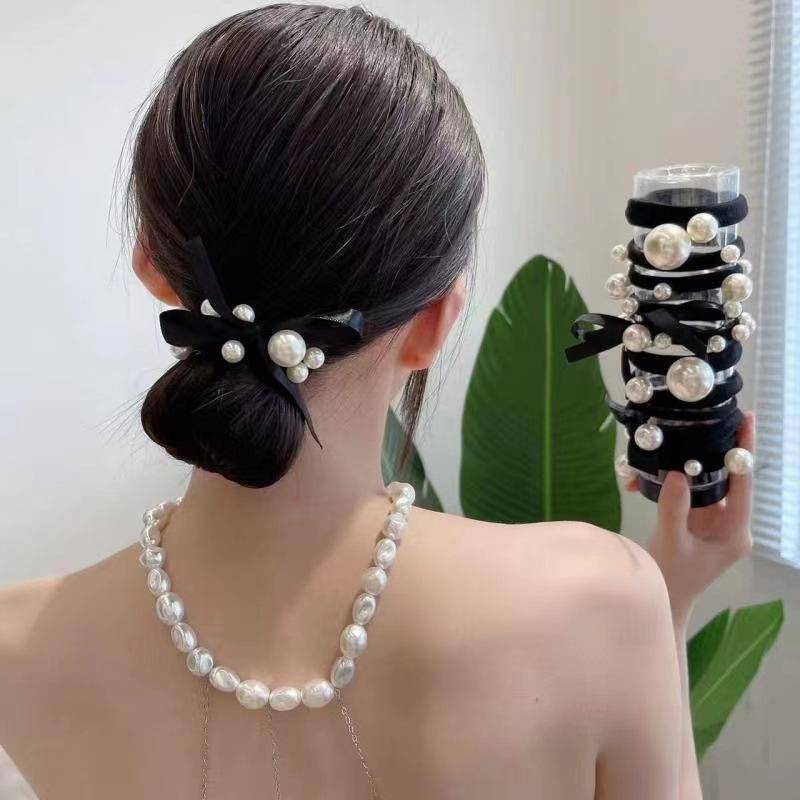 Set 11 Dây Buộc Tóc Nơ Đen Đính Ngọc Trai Nhân Tạo Phong Cách Hàn Quốc