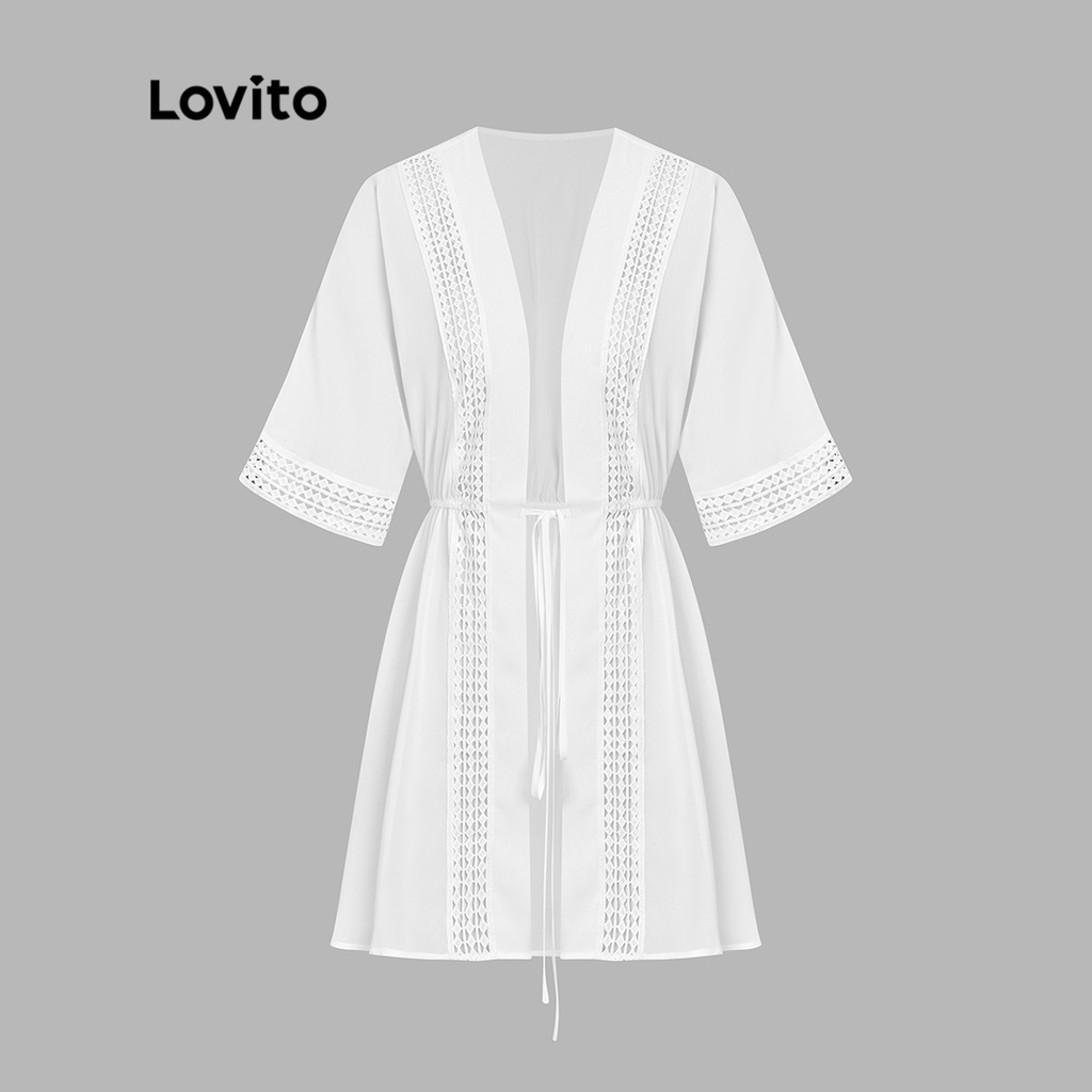 Áo Lovito tay lửng siết eo diềm xếp nếp cổ phối lai bèo thắt dây màu trơn cơ bản cho nữ L48AD026 (màu trắng)