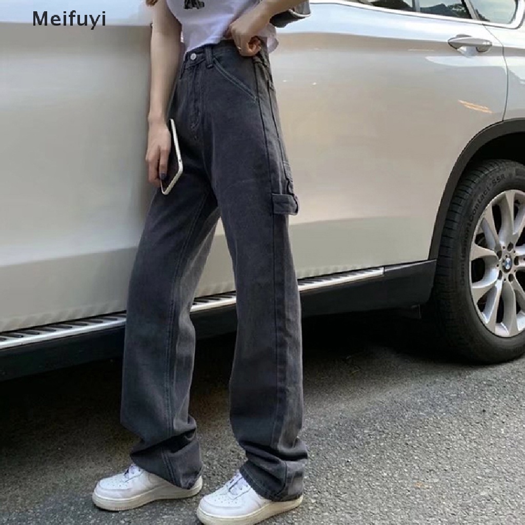 Quần Jean Dài Lưng Cao Dáng Rộng Màu Đen Phong Cách Hàn Quốc Thời Trang Cho Nữ