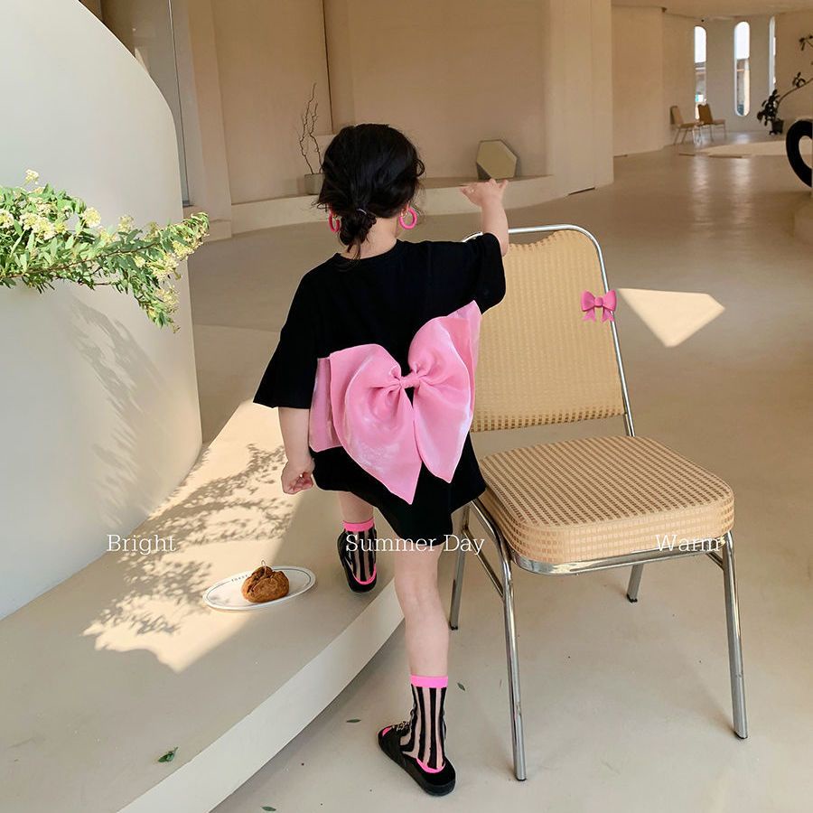 Đầm Thun Ngắn Tay Đính Nơ Cho Bé Gái 1-8 Tuổi