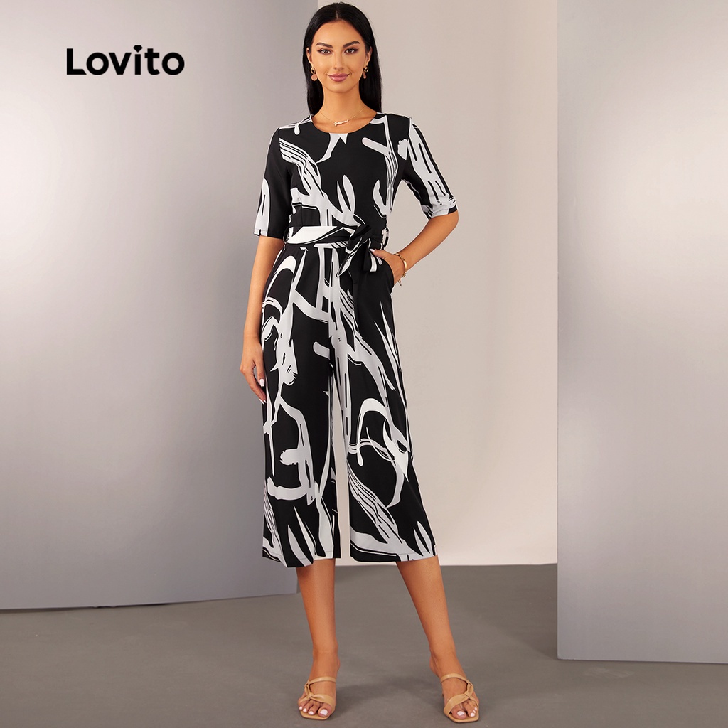 Lovito Bộ Áo Liền Quần Tay Lỡ Thắt Lưng Họa Tiết Thanh Lịch L20D1585