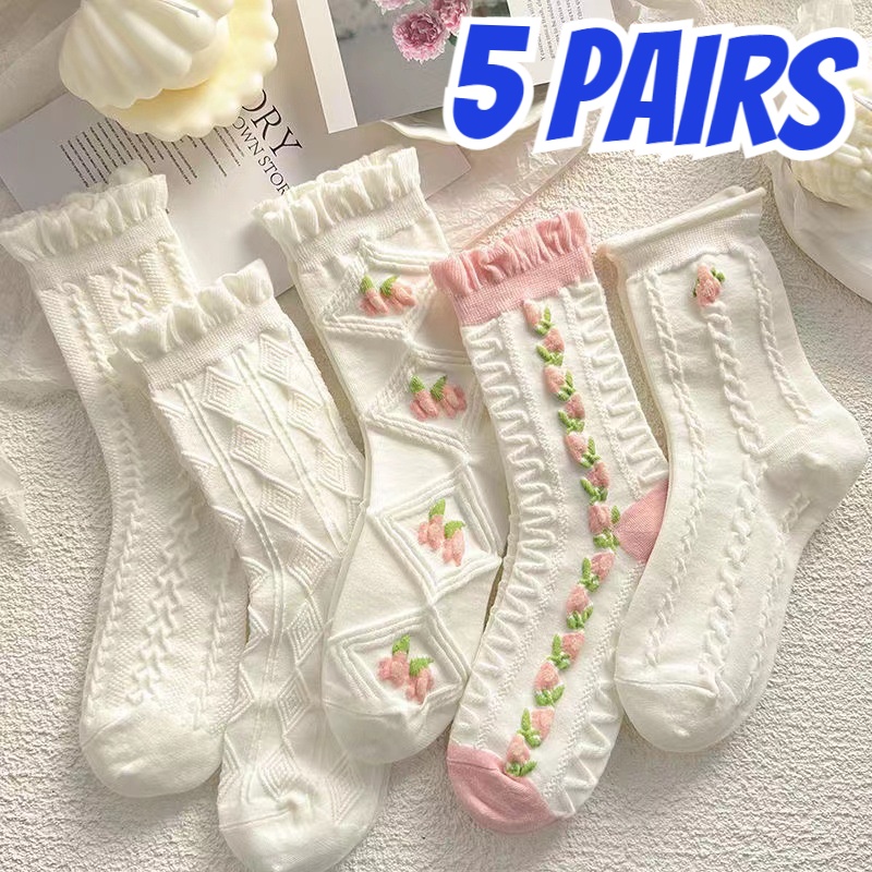 Bộ 5 Đôi Tất Cotton Phối Ren Xinh Xắn Theo Phong Cách Lolita Dành Cho Nữ