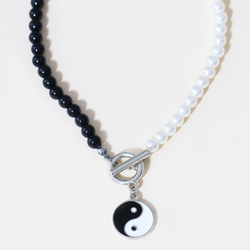 Fancy Vòng Cổ Chuỗi Hạt Ngọc Trai Trắng Đen Thái Cực Quyền Phong Cách Hip Hop Cho Nữ