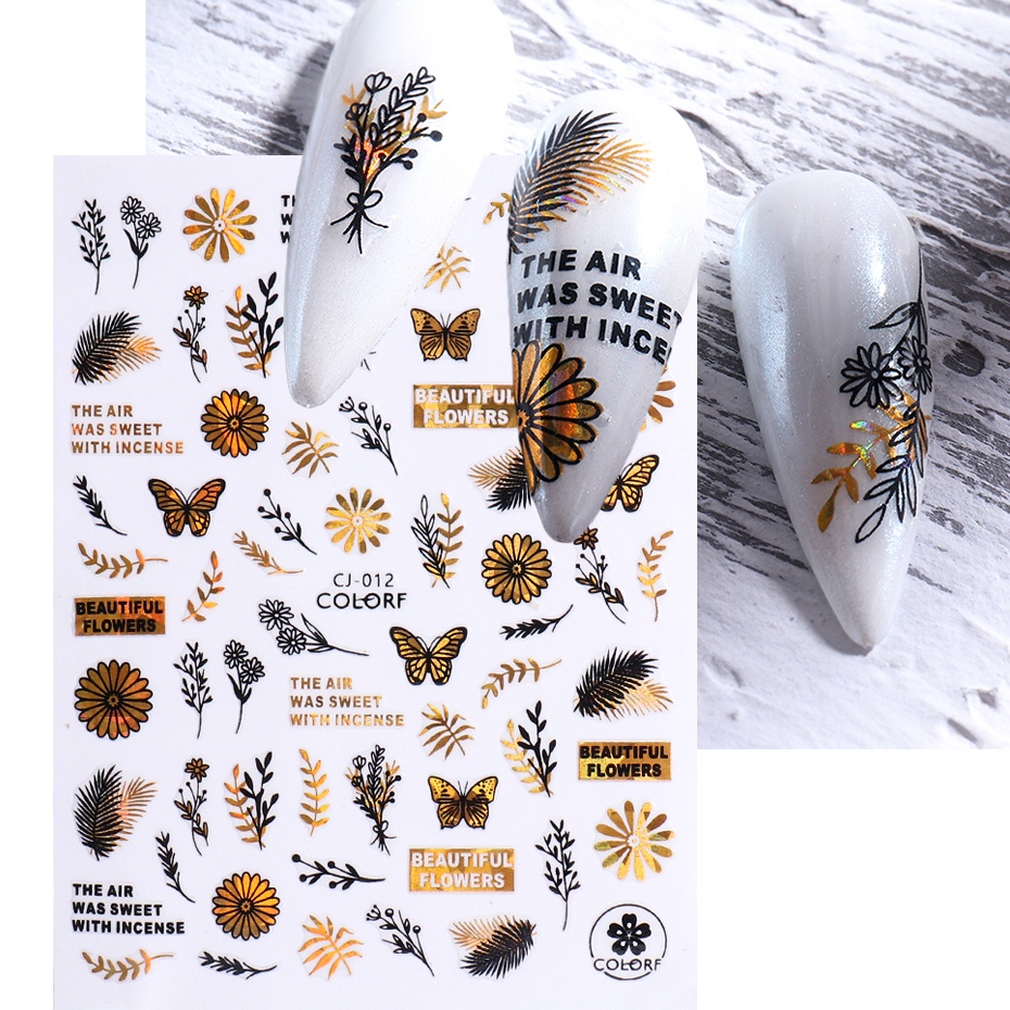 Miếng Dán Trang Trí Móng Tay 3D Màu Vàng Đen Hình Hoa Lá Mùa Thu TRCJ010-018