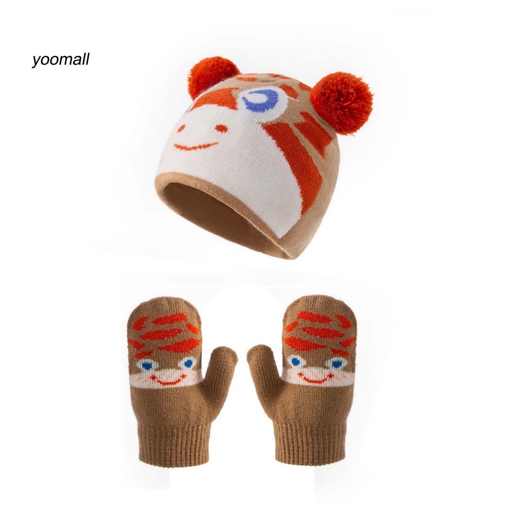 1 Bộ Găng Tay + Mũ + Găng Tay Dệt Kim Đính Hai Quả Bông Hình Gấu Hoạt Hình Cho Bé 1-4 Tuổi