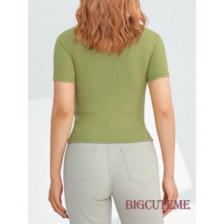 [] Áo Thun Dệt Kim Ngắn Tay Cổ Chữ V Màu Trơn Xoắn Phía Trước Màu Đen / Xanh Lá Cho Nữ