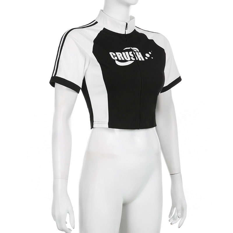 Áo Thun Cardigan Ngắn Tay Cổ Lọ Phối Khóa Kéo Thời Trang Cho Nữ