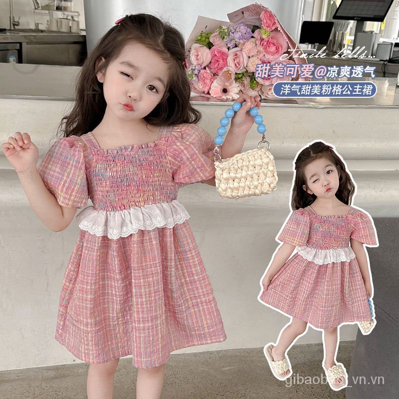 Đầm Công Chúa Một Mảnh Tay Phồng Ngắn Cổ Vuông Họa Tiết Sọc Caro Màu Đỏ Thời Trang Mùa Hè Phong Cách Hàn Quốc Cho Bé Gái