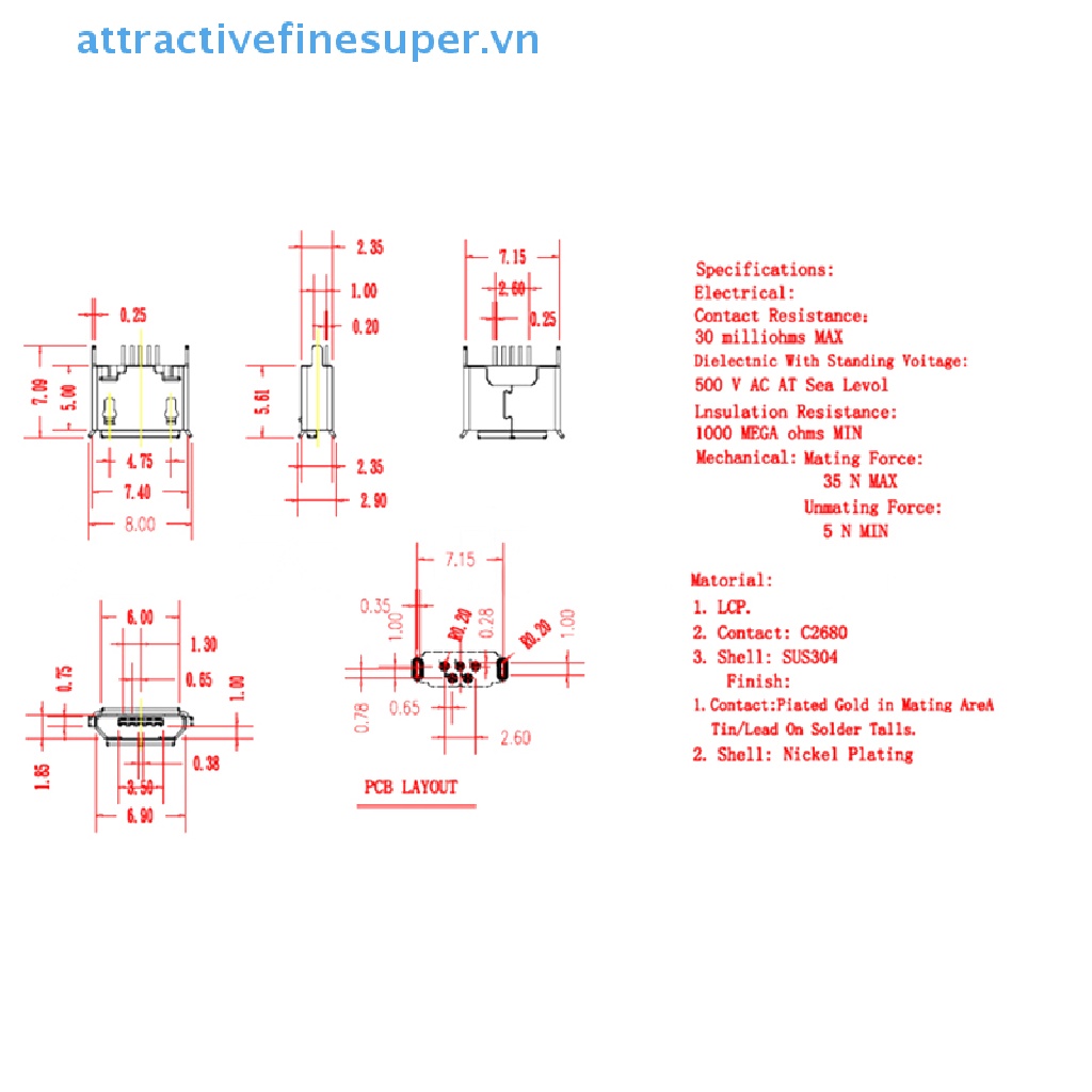 Bộ 10 Chân Ghế Cổng Micro USB 5pin 180 Độ° Miệng Phẳng Không Uốn Cong Bên Hông