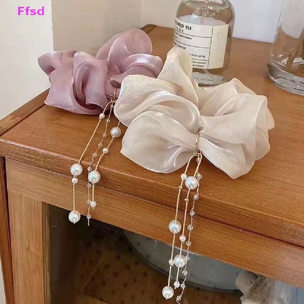 {Ffsd} Dây Buộc Tóc Chiffon Bản Lớn Đính Đá Ngọc Trai Phối Tua Rua Cho Nữ Bán Chạy