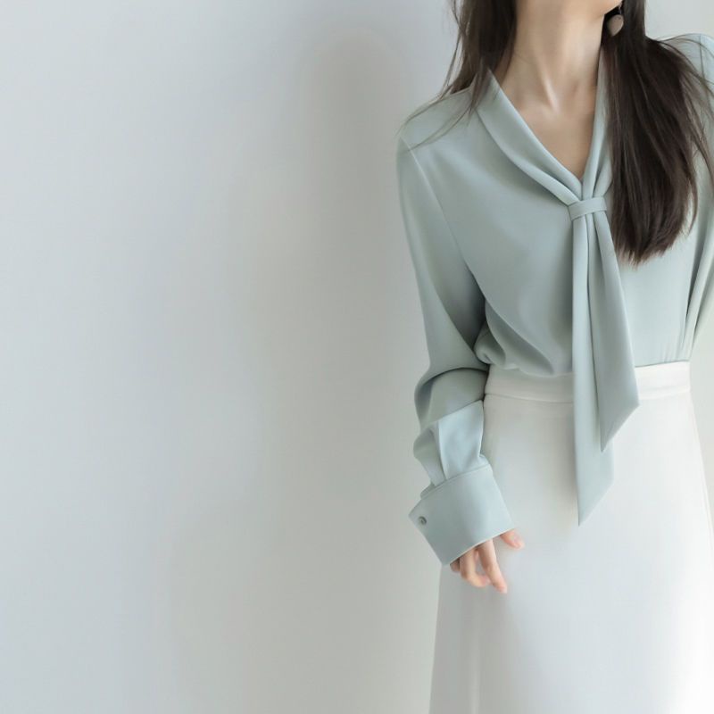Jh Hàng Có Sẵn Áo Sơ Mi Chiffon Cổ Chữ V Phối Ruy Băng Thanh Lịch Phong Cách Pháp Thời Trang Xuân Thu Cho Nữ